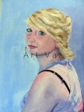 Sian at her computer. acrylic